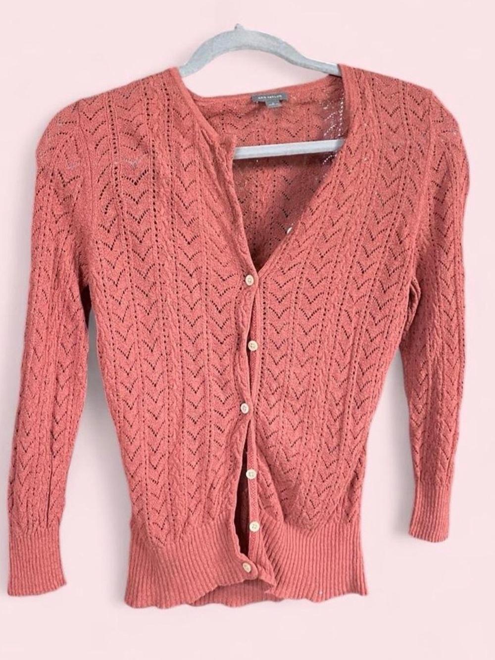 Ann Taylor Coral Openwork Button-Front Cardigan